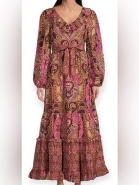 NWOT A LOVES A Paisley Printed Ruffled Linen V-Neck Maxi Dress Bohemian Size XS